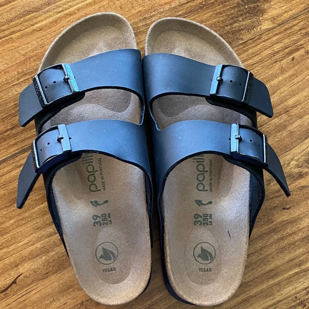 Papillio Vegan Double Buckle Sandals in Black - Picture 1 of 5